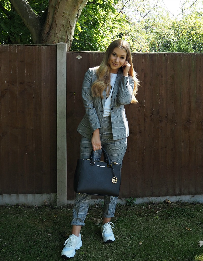 Blogger Wearing Checked Petite Suit from Matalan